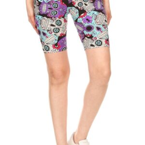 Leggings Depot LBK-R864-M Purple Sugar Skull Printed Biker Shorts, Medium