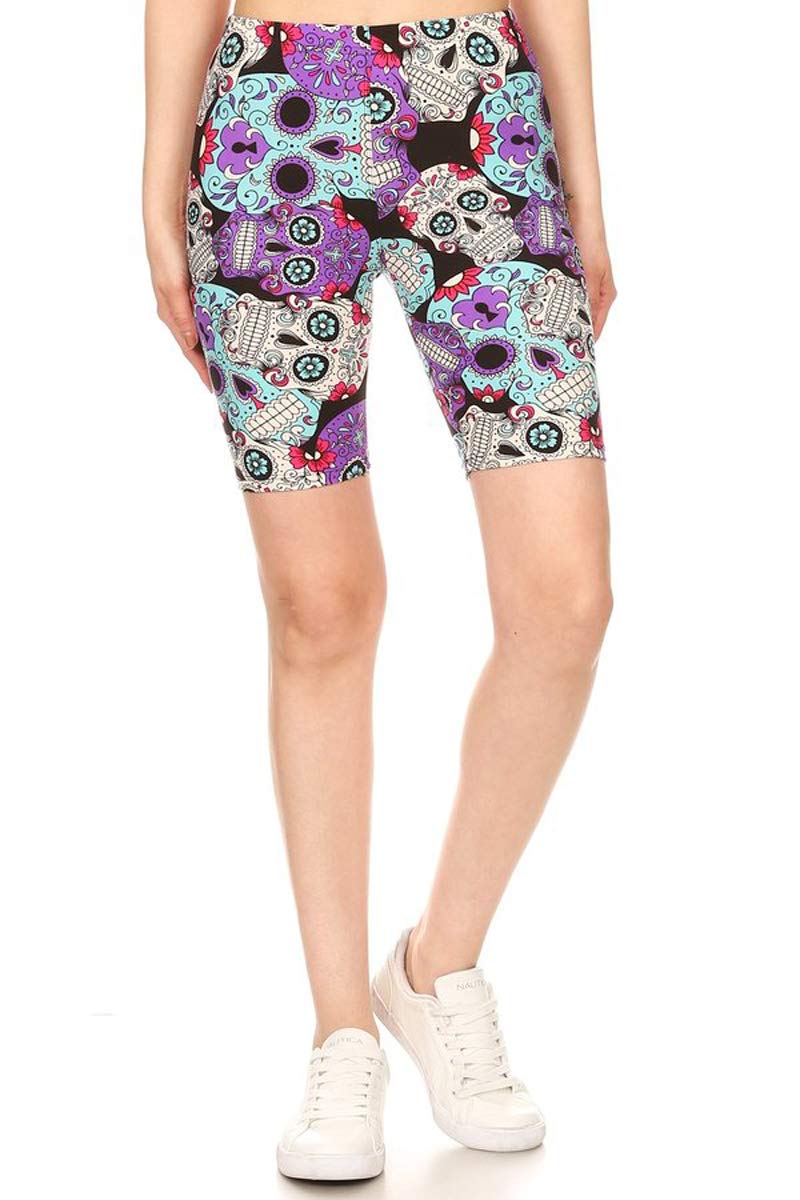 Leggings Depot LBK-R864-M Purple Sugar Skull Printed Biker Shorts, Medium