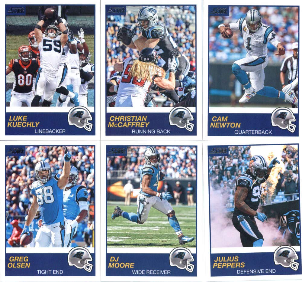 2019 Panini Score Football Veteran Carolina Panthers Team Set of 10 Cards: Cam Newton(#253), Christian McCaffrey(#254), Luke Kuechly(#255), Julius Peppers(#256), DJ Moore(#257), Greg Olsen(#258), Devin Funchess(#259), Mike Adams(#260), Shaq Thompson(#261)