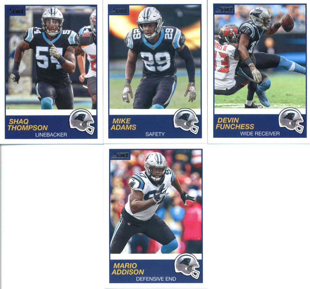 2019 Panini Score Football Veteran Carolina Panthers Team Set of 10 Cards: Cam Newton(#253), Christian McCaffrey(#254), Luke Kuechly(#255), Julius Peppers(#256), DJ Moore(#257), Greg Olsen(#258), Devin Funchess(#259), Mike Adams(#260), Shaq Thompson(#261)