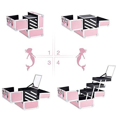 Joligrace Makeup Train Case Cosmetic Box 10 Inches Jewelry Organizer Professional 3 Tiers Trays with Mirror and Brush Holder Lockable Key Portable Travel Mermaid Pink