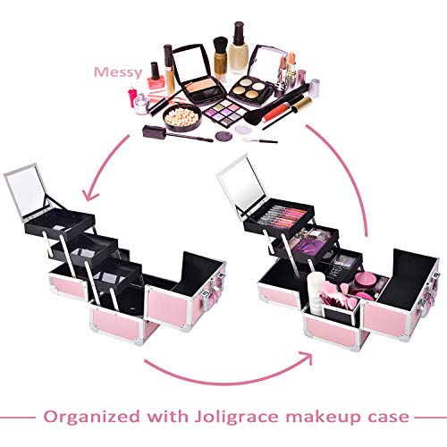 Joligrace Makeup Train Case Cosmetic Box 10 Inches Jewelry Organizer Professional 3 Tiers Trays with Mirror and Brush Holder Lockable Key Portable Travel Mermaid Pink