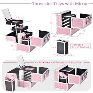 Joligrace Makeup Train Case Cosmetic Box 10 Inches Jewelry Organizer Professional 3 Tiers Trays with Mirror and Brush Holder Lockable Key Portable Travel Mermaid Pink