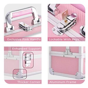 Joligrace Makeup Train Case Cosmetic Box 10 Inches Jewelry Organizer Professional 3 Tiers Trays with Mirror and Brush Holder Lockable Key Portable Travel Mermaid Pink