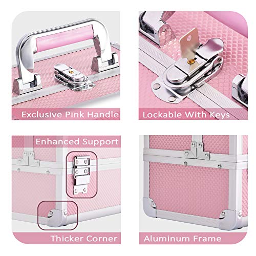 Joligrace Makeup Train Case Cosmetic Box 10 Inches Jewelry Organizer Professional 3 Tiers Trays with Mirror and Brush Holder Lockable Key Portable Travel Mermaid Pink