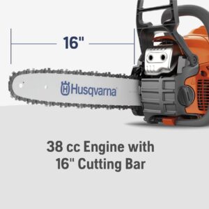 Husqvarna 130 Gas Powered Chainsaw, 38-cc 2-HP, 2-Cycle X-Torq Engine, 16 Inch Chainsaw with Automatic Oiler, For Wood Cutting and Tree Pruning, Orange