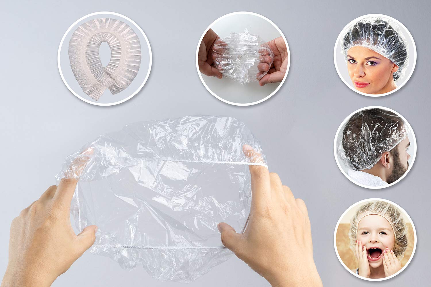 100 Disposable Clear Mop Mob Caps Clipped Hair Head Cover Shower Cap Plastic for Beauty Salon,Food Service,Hospitals,Laboratories,Manufacturing or Spray Tanning