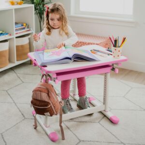 Mount-It! Kids Desk and Chair Set, Height Adjustable Sturdy, Girl Desk, Kids Art Desk, Kids Study Desk and Chair Set for Boys, Home School, Drafting Desk, Ergonomic Childrens Storage Drawer Pink