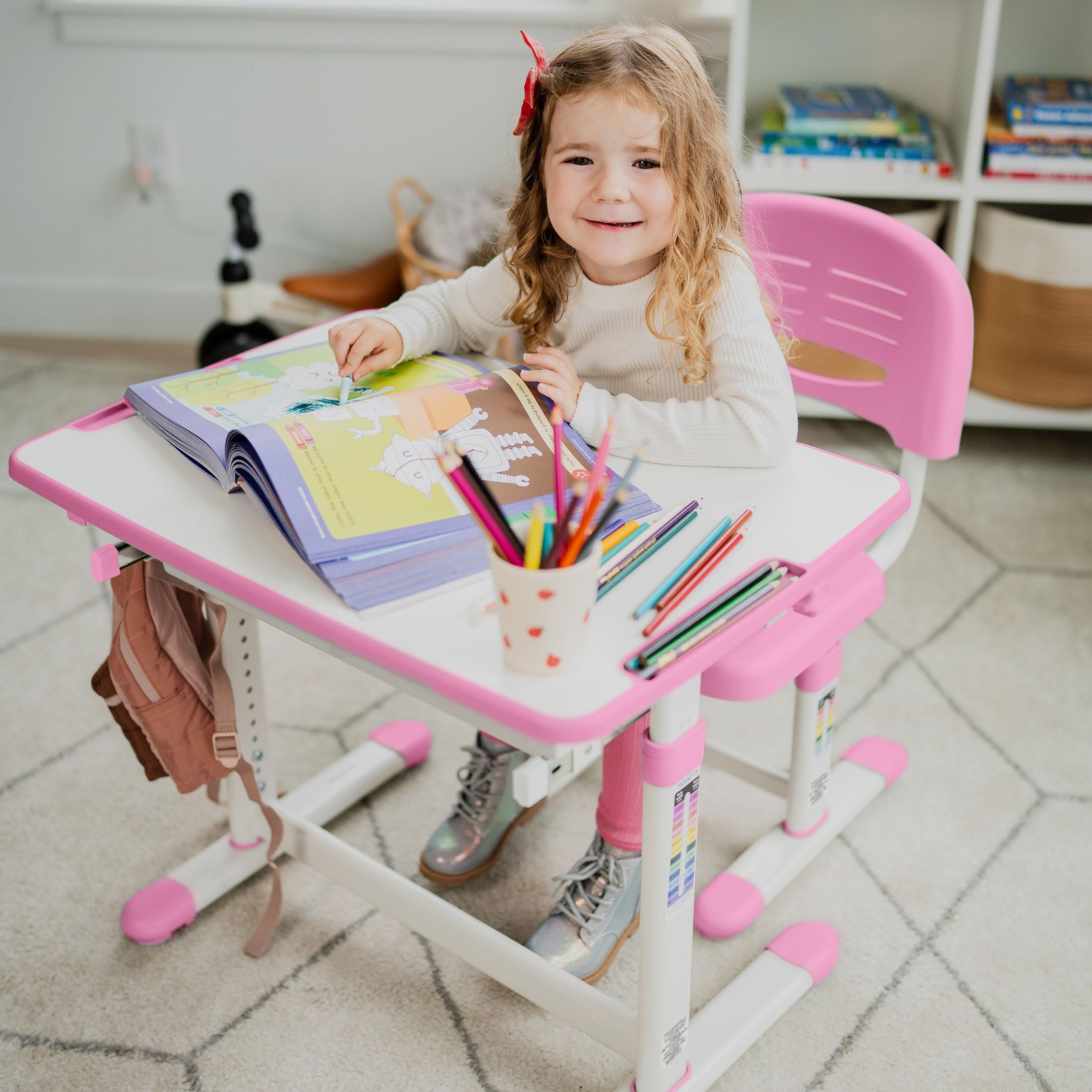 Mount-It! Kids Desk and Chair Set, Height Adjustable Sturdy, Girl Desk, Kids Art Desk, Kids Study Desk and Chair Set for Boys, Home School, Drafting Desk, Ergonomic Childrens Storage Drawer Pink