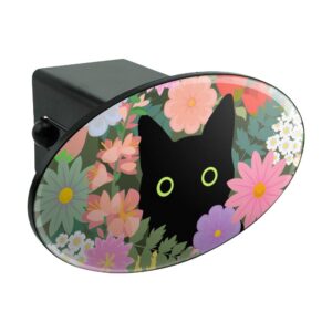 black cat hiding in spring flowers oval tow trailer hitch cover plug insert