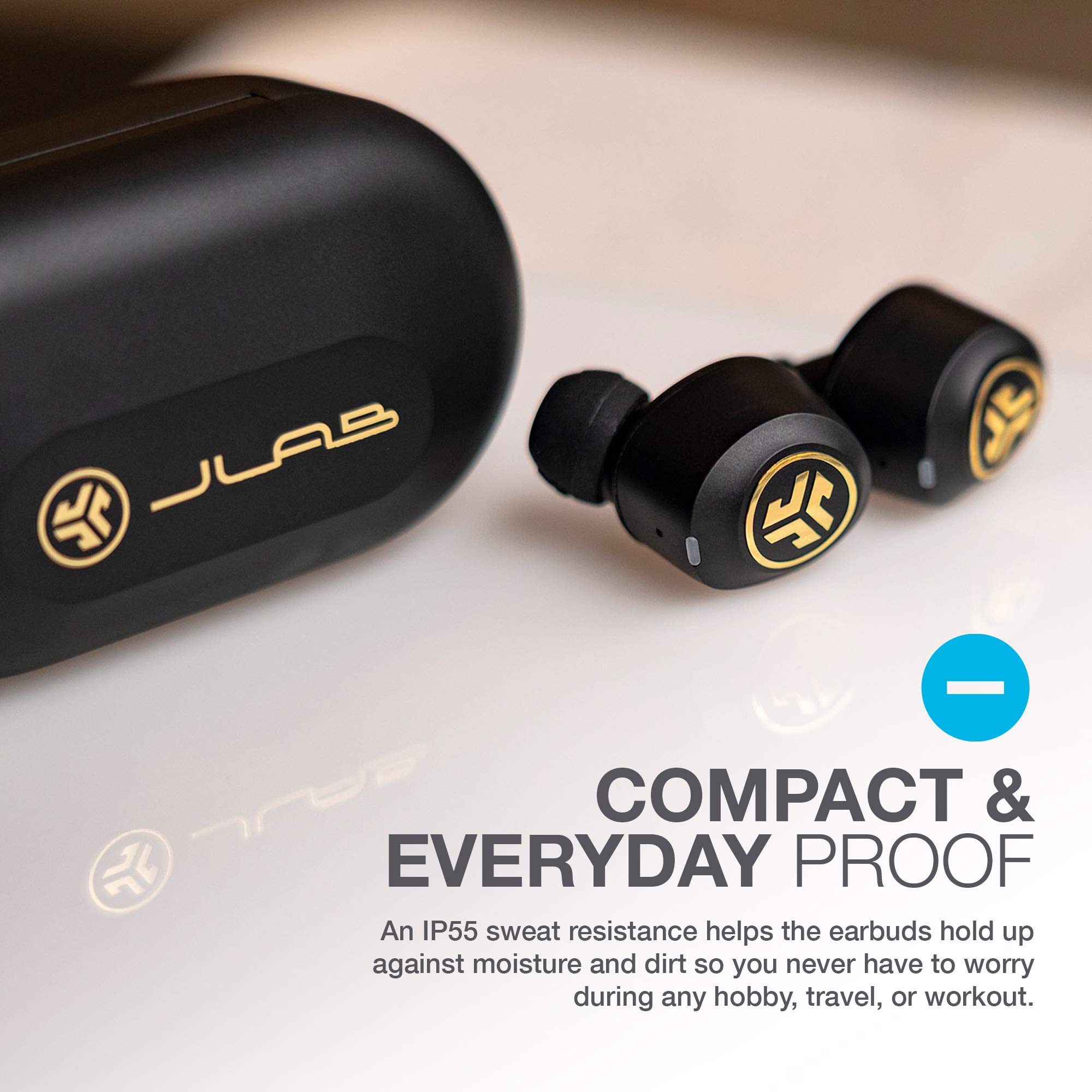 JLab JBuds Air Icon True Wireless Signature Bluetooth Earbuds + Charging Case, Black & Gold, IP55 Sweat Resistance, Bluetooth 5.0 Connection, Stereo Phone Calls, 3 EQ Sound Settings