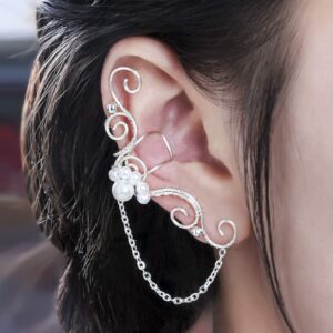 Elf Ear Cuffs, OwMell 1 Pair Pearl Beads Filigree Fairy Elven Ear Wrap Clip on Earrings Handcraft Wedding Jewelry