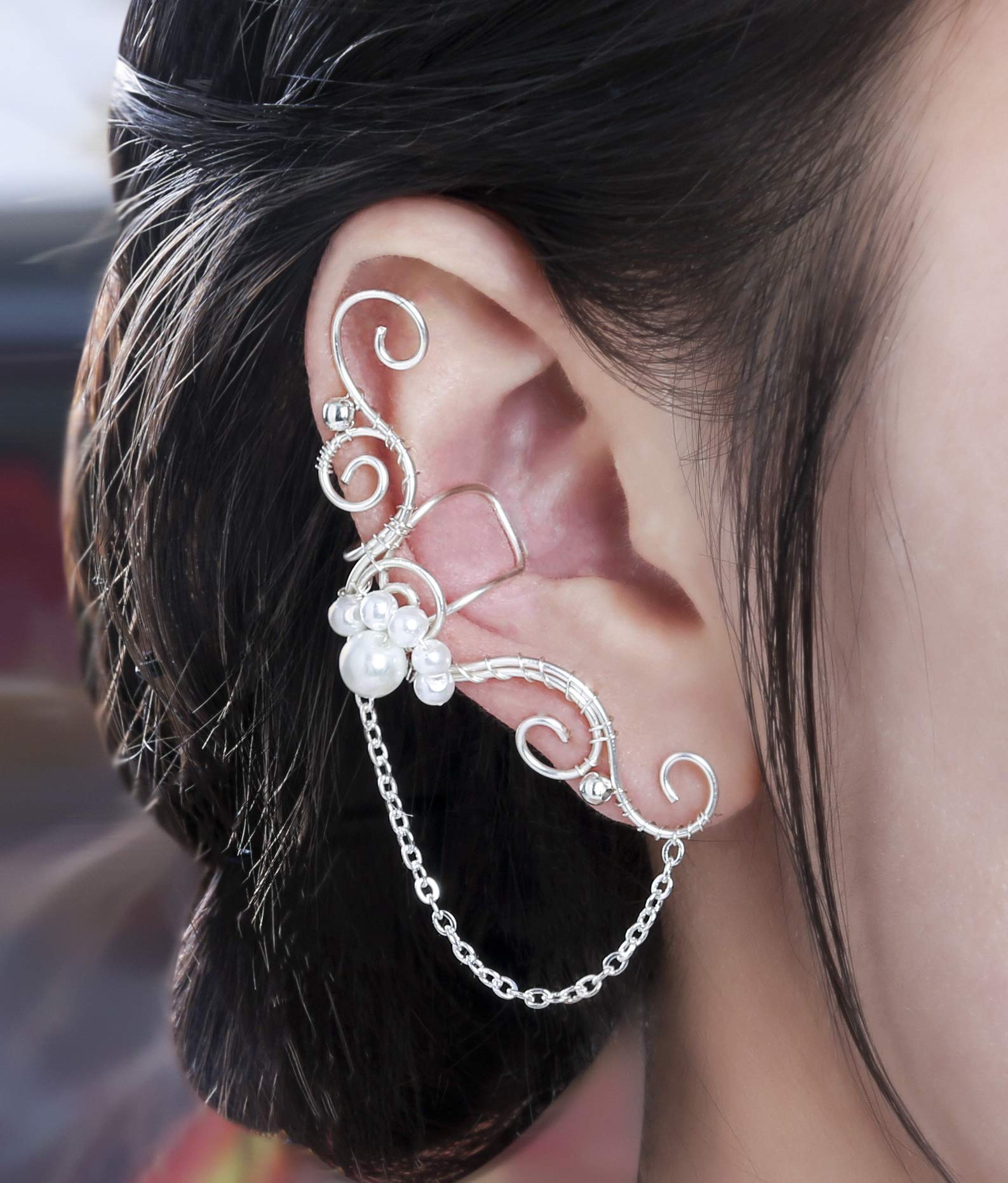 Elf Ear Cuffs, OwMell 1 Pair Pearl Beads Filigree Fairy Elven Ear Wrap Clip on Earrings Handcraft Wedding Jewelry