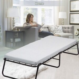 Dkeli Folding Bed Guest Rollaway Bed Frame with 3 Inch Comfort Foam Mattress Heavy Duty 300Lbs Capacity Twin Size Bed Extra Portable Flodaway Camping Cots for Adults, Kids