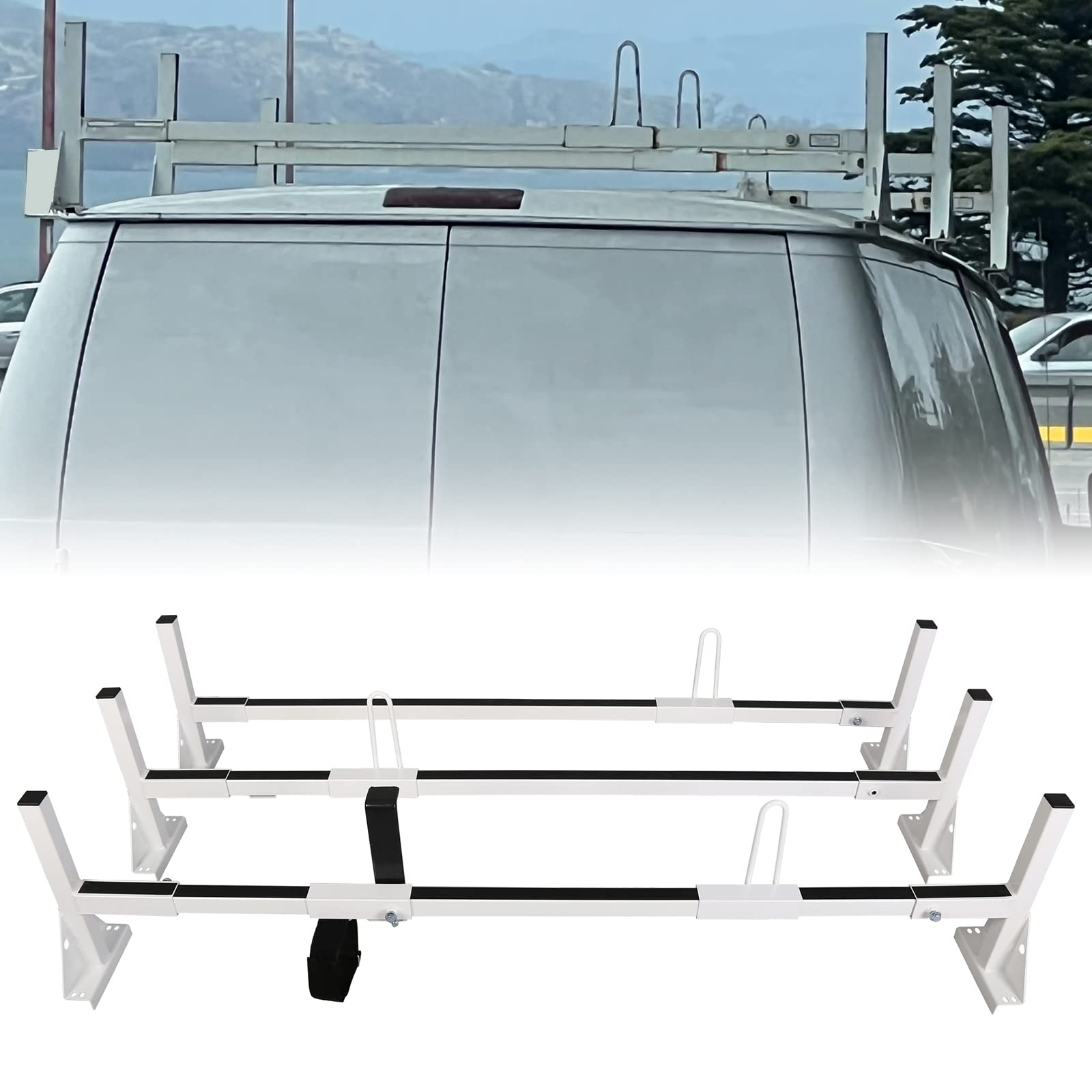 ECOTRIC Universal 750LBS Capacity 3 Bars Ladder Roof Racks 68"-75" Compatible with Ford E150 250 350 Chevy Chevrolet Express 1500 2500 3500 GMC Savana with Rain Gutters Kayak Canoe Lumber Pipe Cargo