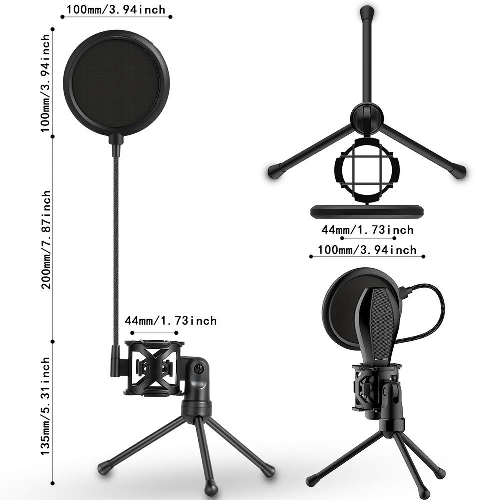 Foldable Microphone Tripod Stand Desktop Mic Holder Shock Mount Pop Filter for Online Broadcasting Chatting Singing