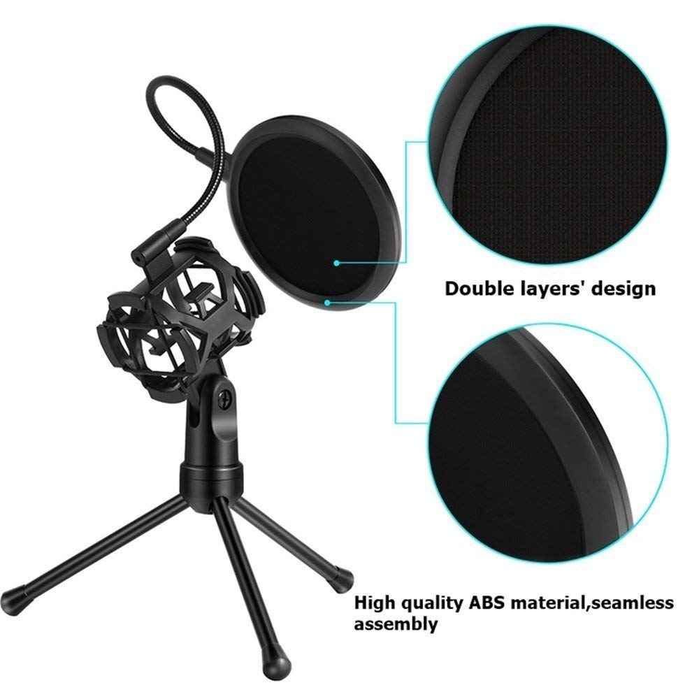 Foldable Microphone Tripod Stand Desktop Mic Holder Shock Mount Pop Filter for Online Broadcasting Chatting Singing