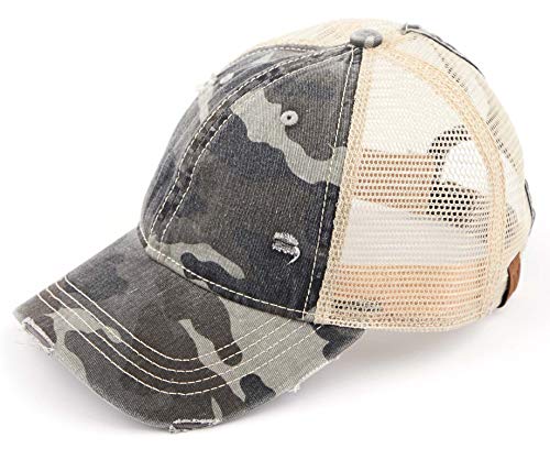 Funky Junque Distressed Trucker Hat - Black Camo/Beige Mesh