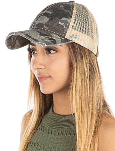 Funky Junque Distressed Trucker Hat - Black Camo/Beige Mesh