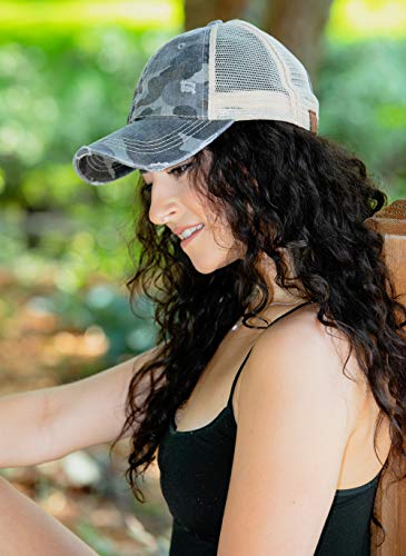 Funky Junque Distressed Trucker Hat - Black Camo/Beige Mesh