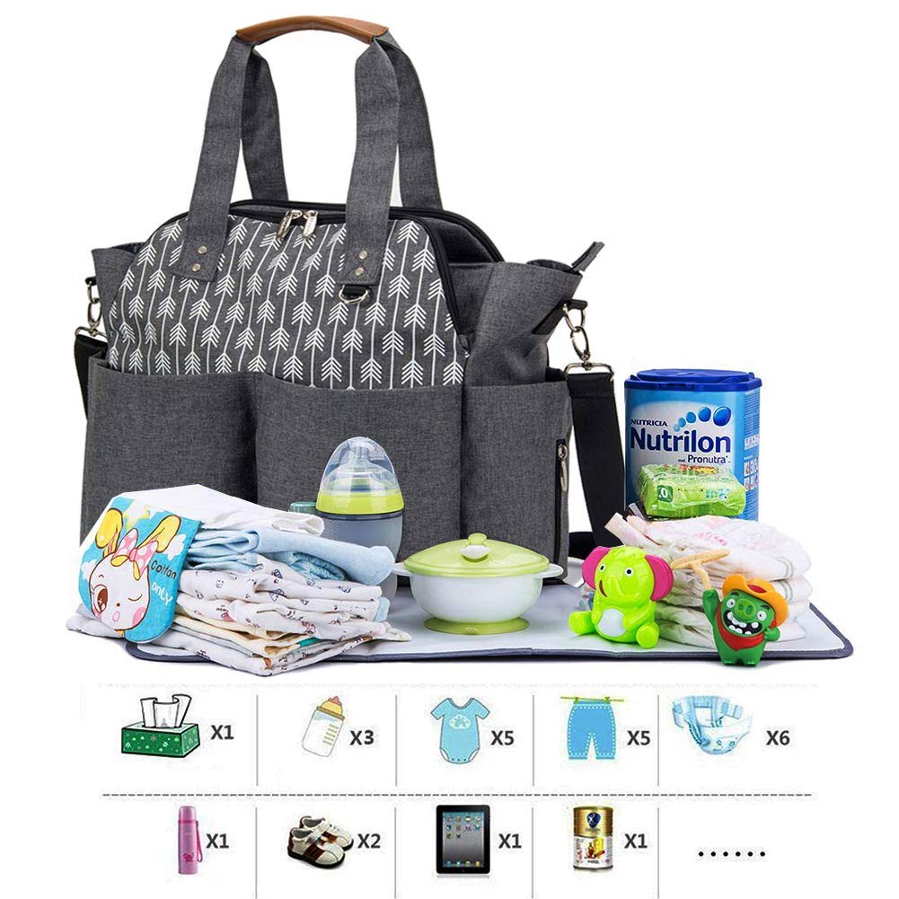 Lekebaby Diaper Bag Tote Large Mommy Bag for Hospital, Baby Bags for Mom Travel Diaper Tote Messenger Purse, Grey, Arrow Print