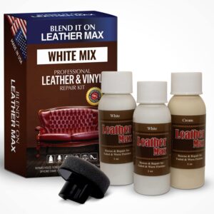leather max quick blend refinish and repair kit white, restore couches, recolor furniture & repair car seats, jackets, sofa, boots 3 color shades to blend with/leather vinyl and more (white mix)
