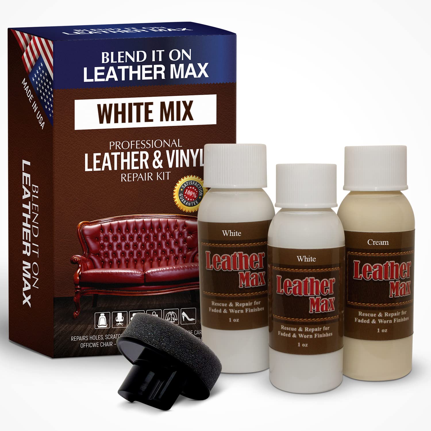 Leather Max Quick Blend Refinish and Repair Kit White, Restore Couches, Recolor Furniture & Repair Car Seats, Jackets, Sofa, Boots 3 Color Shades to Blend with/Leather Vinyl and More (White Mix)