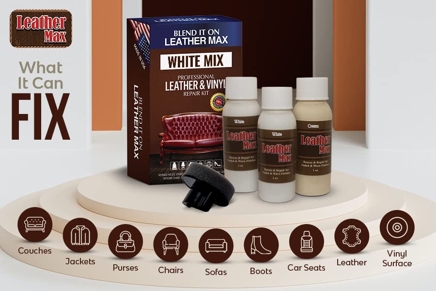 Leather Max Quick Blend Refinish and Repair Kit White, Restore Couches, Recolor Furniture & Repair Car Seats, Jackets, Sofa, Boots 3 Color Shades to Blend with/Leather Vinyl and More (White Mix)