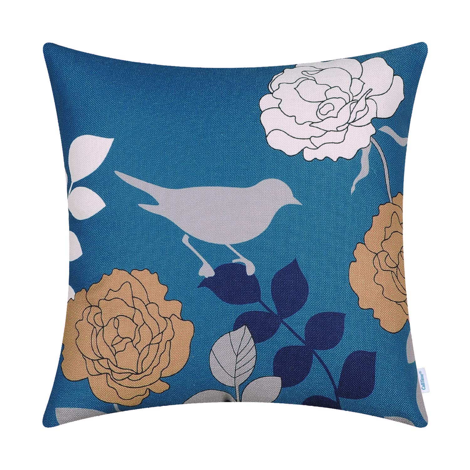 CaliTime Canvas Throw Pillow Cover Case for Couch Sofa Home Decoration Floral Cartoon Shadow Bird Silhouette 18 X 18 Inches Deep Sea Blue Ground Grey Bird