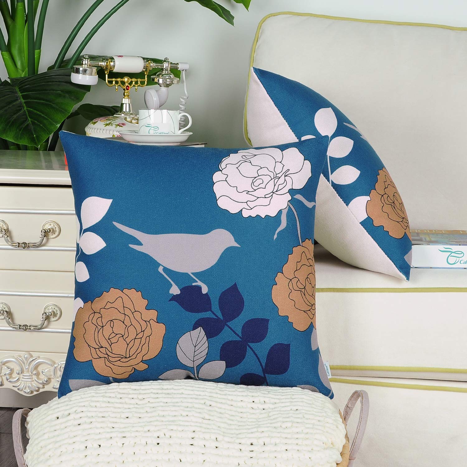 CaliTime Canvas Throw Pillow Cover Case for Couch Sofa Home Decoration Floral Cartoon Shadow Bird Silhouette 18 X 18 Inches Deep Sea Blue Ground Grey Bird