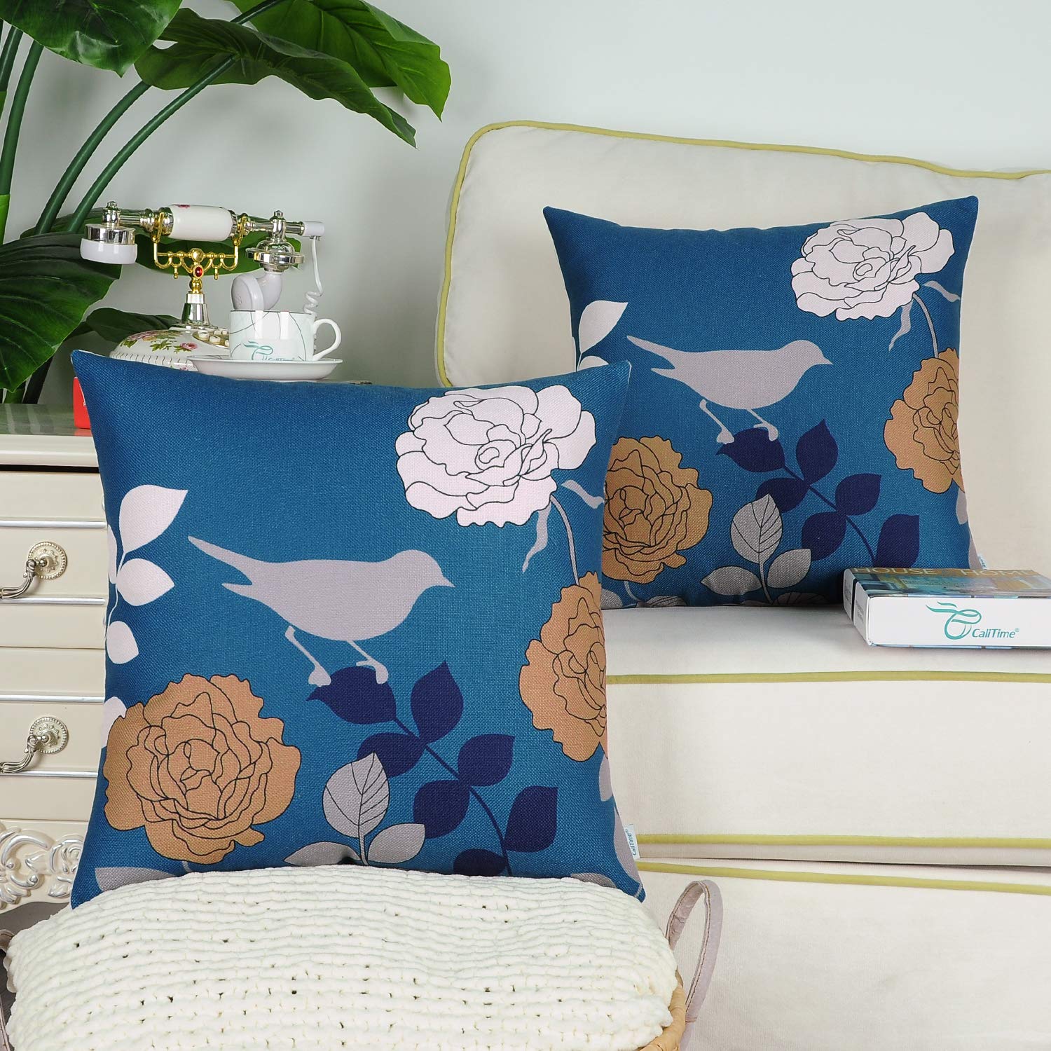 CaliTime Canvas Throw Pillow Cover Case for Couch Sofa Home Decoration Floral Cartoon Shadow Bird Silhouette 18 X 18 Inches Deep Sea Blue Ground Grey Bird