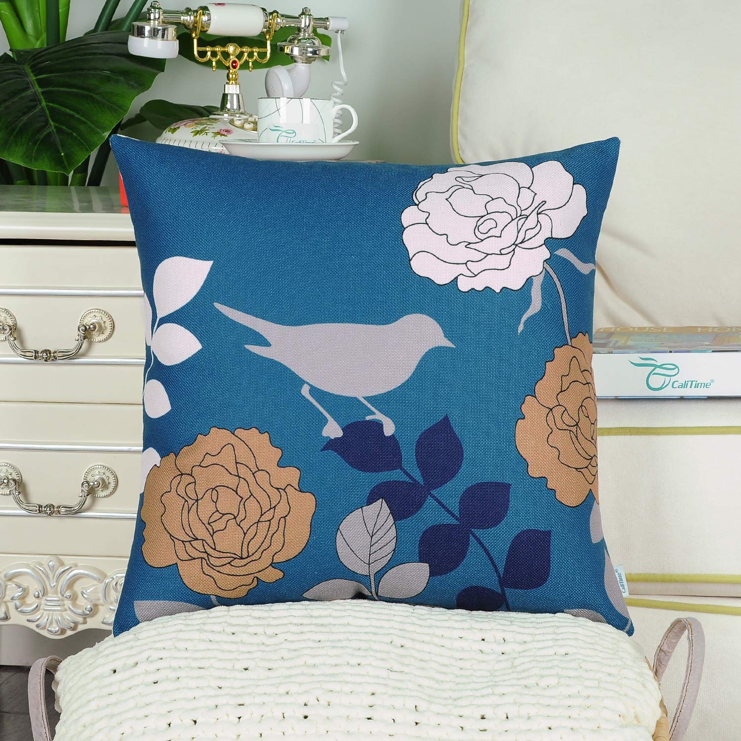 CaliTime Canvas Throw Pillow Cover Case for Couch Sofa Home Decoration Floral Cartoon Shadow Bird Silhouette 18 X 18 Inches Deep Sea Blue Ground Grey Bird