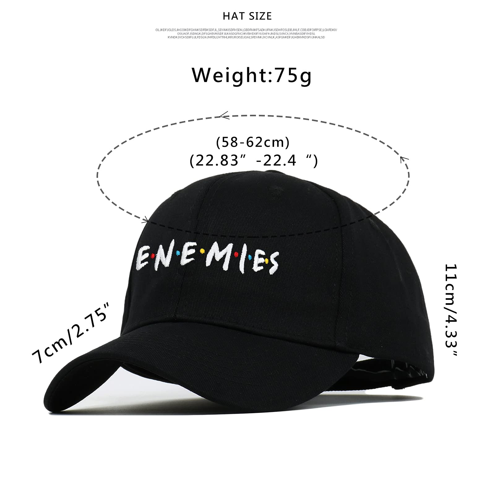 YUNXIBASECAP Men and Women Hip-hop Letter Cap Black Fashion Adjustable Dad Hat NEEnemies Embroidery Baseball Cap(Black)