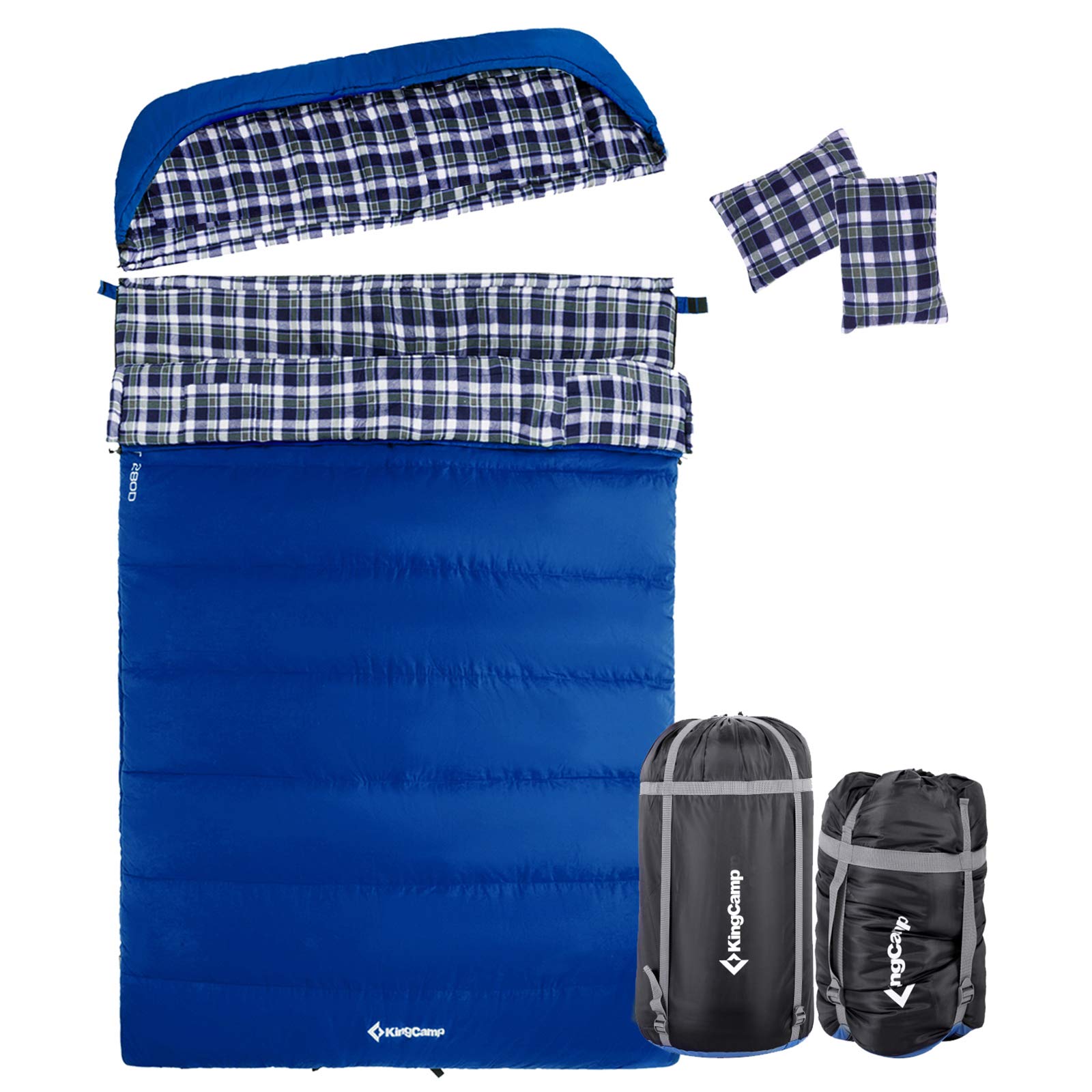 KingCamp Camping Double Sleeping Bags, 3 Season Cotton Flannel Lining Double Layer Sleeping Bag 2 Person Couple Waterproof Lightweight Backpacking Hiking Outdoors with Pillow and Carry Bag Queen Size