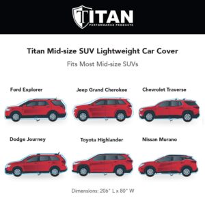 Titan Lightweight Poly 210T Car Cover for Mid-Size SUV 188-206". Waterproof, UV Protection, Scratch Resistant, Driver-Side Zippered Opening. Fits Explorer, Grand Cherokee and More.