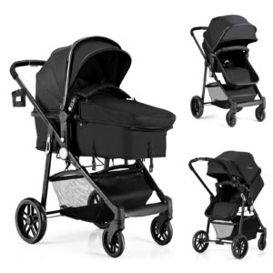 baby joy baby stroller, 2 in 1 convertible carriage bassinet to stroller, pushchair with foot cover, cup holder, large storage space, wheels suspension, 5-point harness (black)