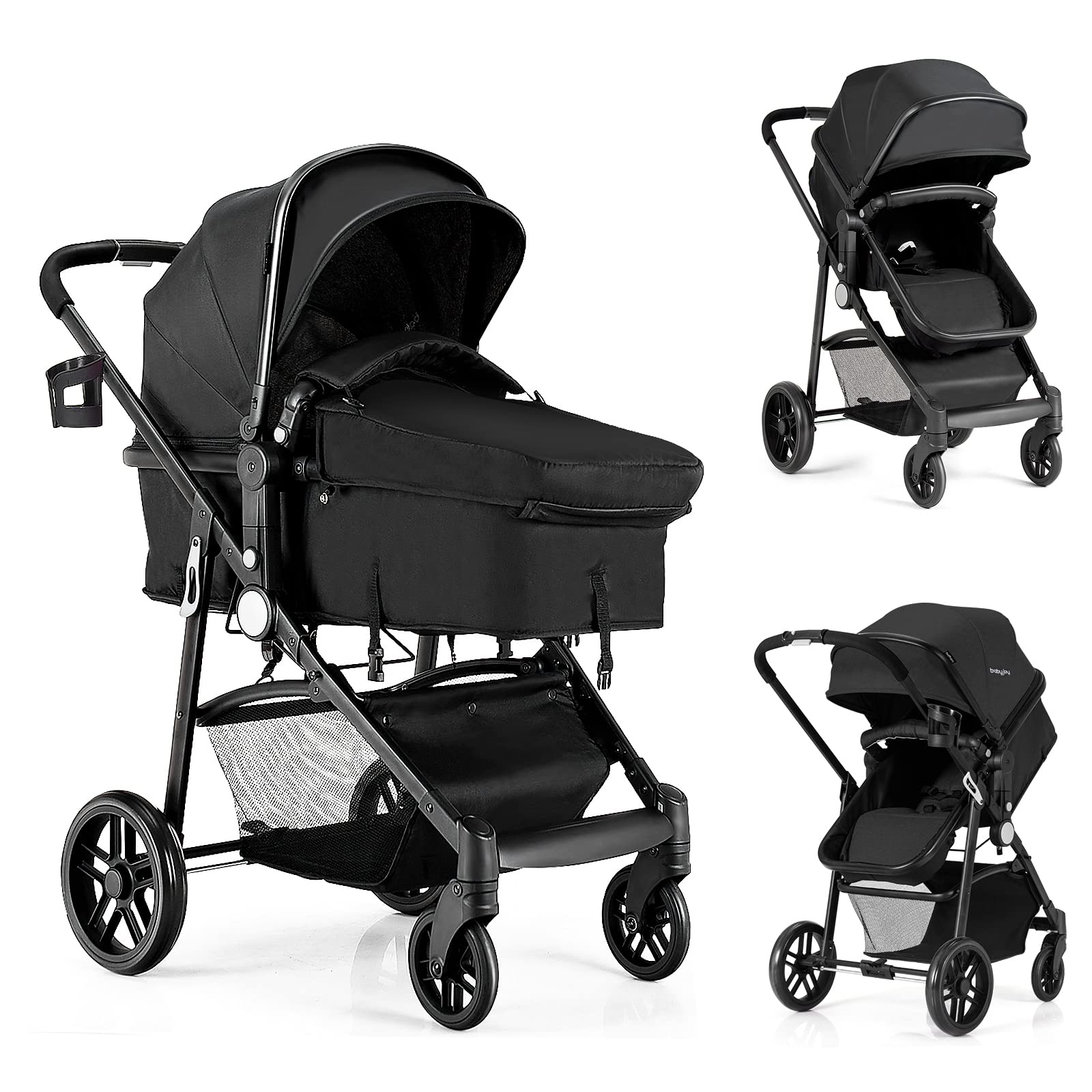 BABY JOY Baby Stroller, 2 in 1 Convertible Carriage Bassinet to Stroller, Pushchair with Foot Cover, Cup Holder, Large Storage Space, Wheels Suspension, 5-Point Harness (Black)