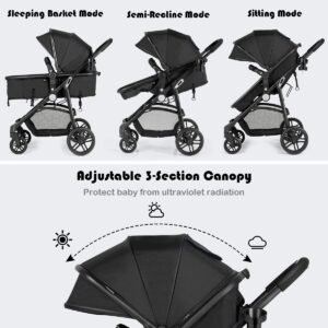 BABY JOY Baby Stroller, 2 in 1 Convertible Carriage Bassinet to Stroller, Pushchair with Foot Cover, Cup Holder, Large Storage Space, Wheels Suspension, 5-Point Harness (Black)