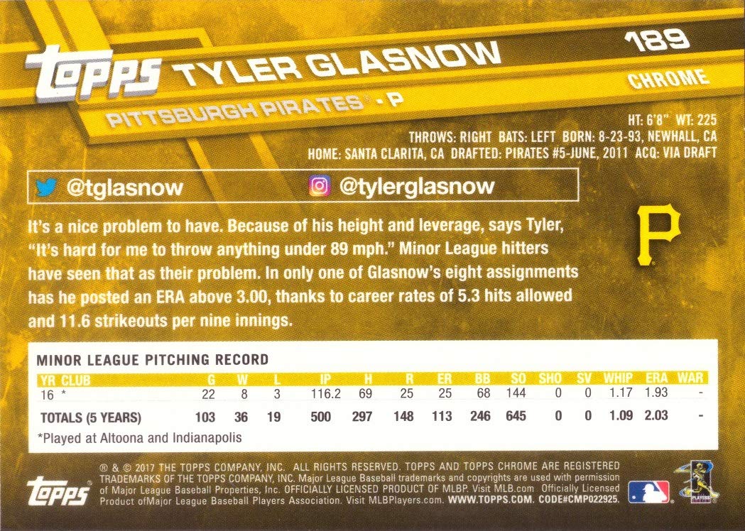 2017 Topps Chrome Baseball #189 Tyler Glasnow Rookie Card