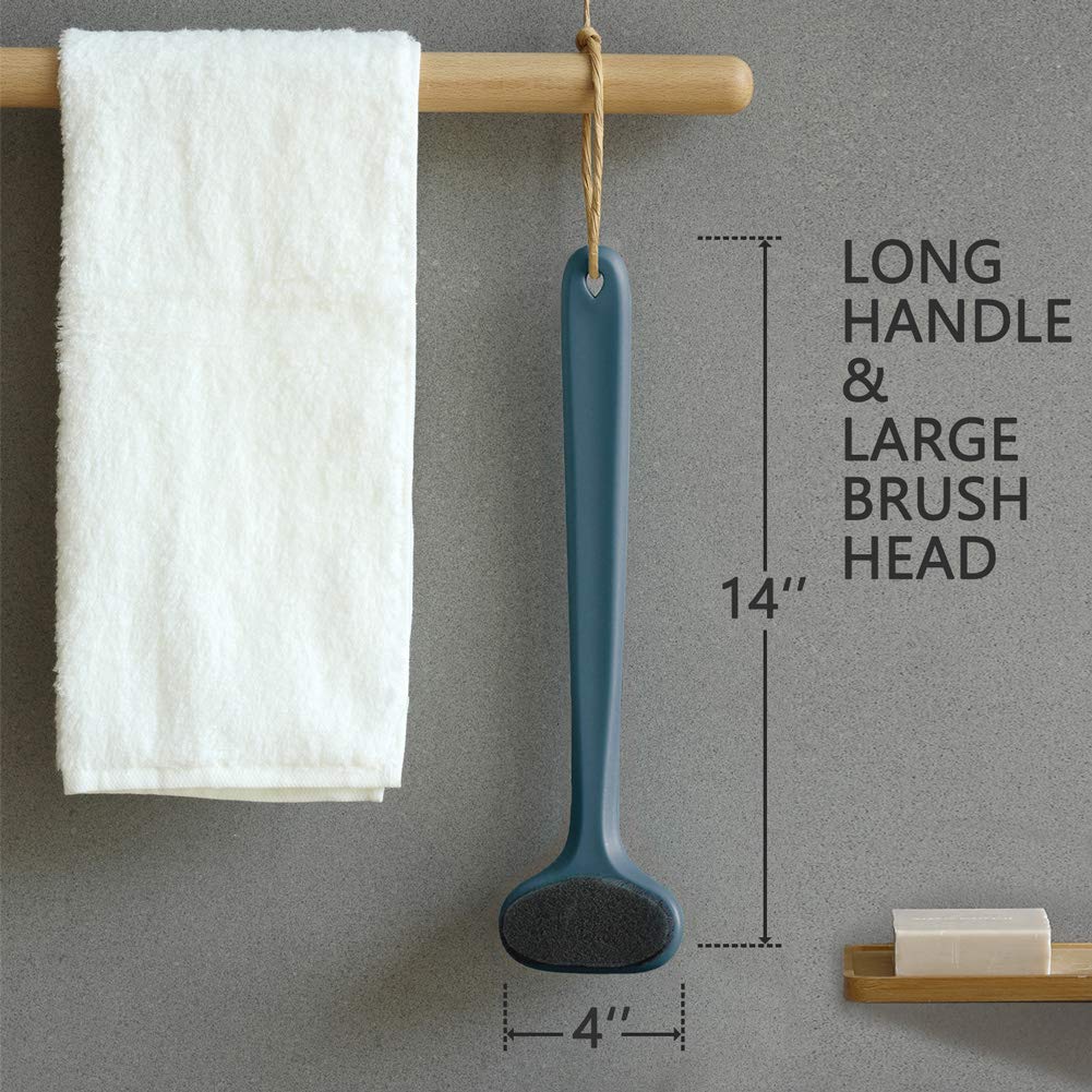 Upgraded Bath Body Brush with Comfy Bristles Long Handle Gentle Exfoliation Improve Skin's Health and Beauty Bath Shower Wet or Dry Brushing Body Brush (14 inch, Dark Blue)