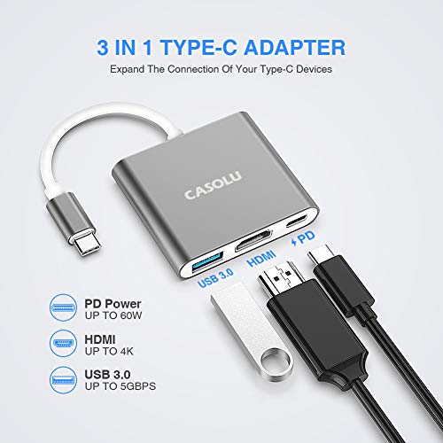 CASOLU USB C to HDMI Adapter, Type C to 4K HDMI Adapter with 100W PD & USB 3.0 Port Multiport Digital AV Converter for MacBook Pro/air, iPad Pro/air, iPhone 15, Tablets, Switch and More USB-C Devices