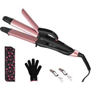 2 in 1 travel curling flat iron dual voltage mini hair straightener and curler with 1 inch rose gold ceramic ptc plate (gold)