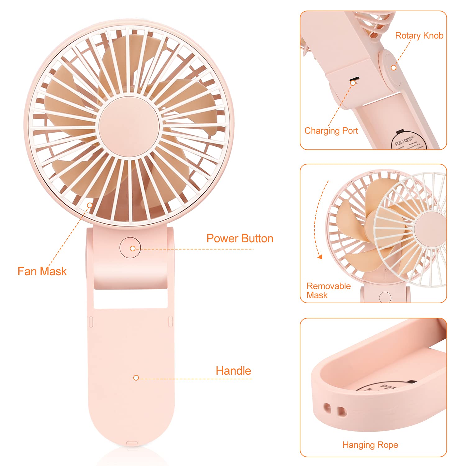 TriPole Mini Handheld Fan USB Portable Fans Rechargeable Battery Operated Foldable Desk Fan 3 Speed Hanging Personal Fan for Home Office Indoor Use Outdoor Travel