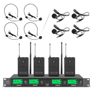 WENWEN Wireless Microphone System Pro UHF 4 Channel 4 Lavalier Bodypacks 4 Lapel Mic 4 Headsets for Karaoke System Church Speaking Conference Wedding Party