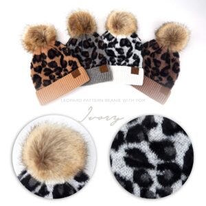 C.C Exclusives Soft Beanie hat with Leopard Pattern and Fur Pom, a Rubber Band Included (HAT-2061) (Ivory)