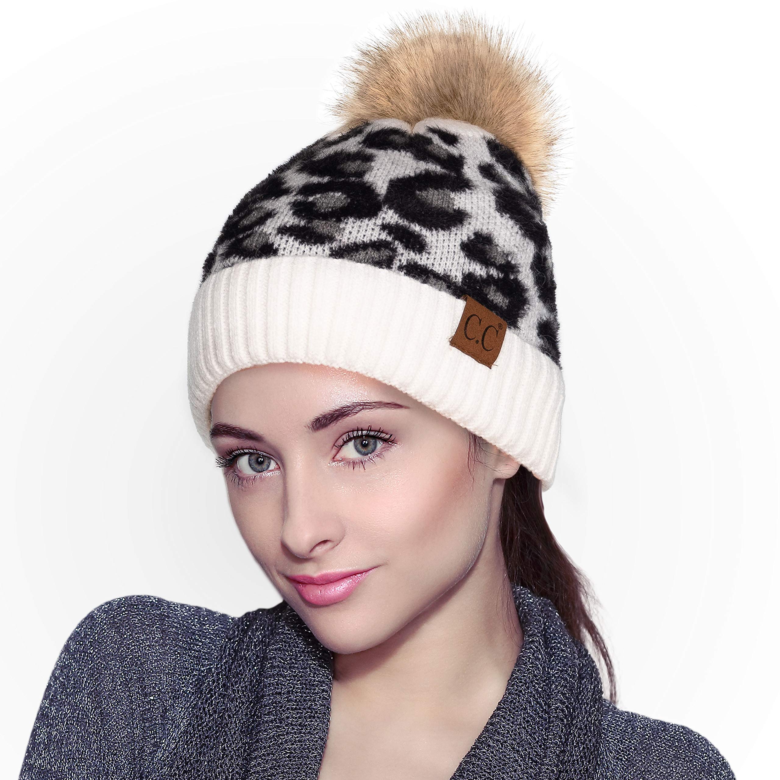 C.C Exclusives Soft Beanie hat with Leopard Pattern and Fur Pom, a Rubber Band Included (HAT-2061) (Ivory)