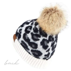 C.C Exclusives Soft Beanie hat with Leopard Pattern and Fur Pom, a Rubber Band Included (HAT-2061) (Ivory)