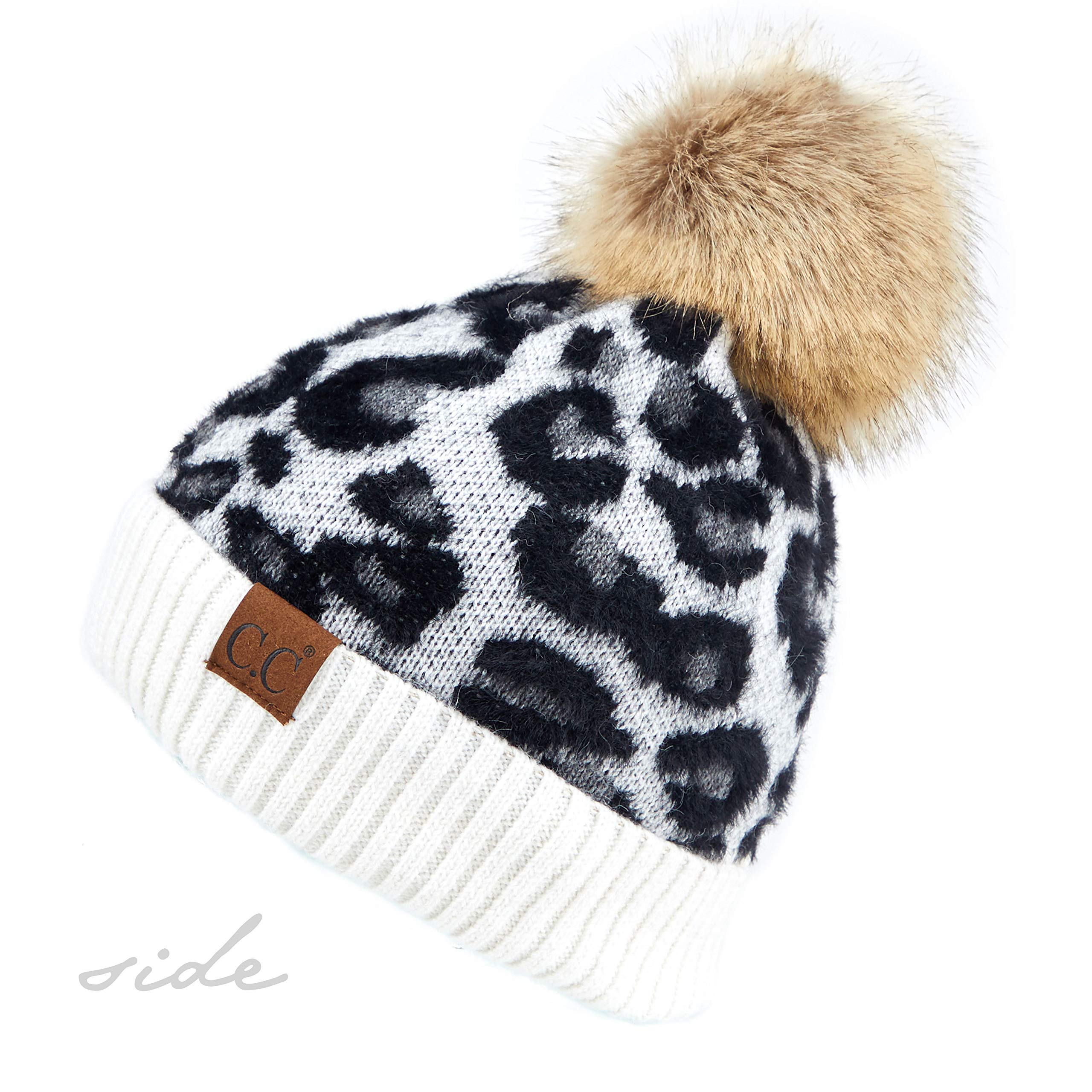 C.C Exclusives Soft Beanie hat with Leopard Pattern and Fur Pom, a Rubber Band Included (HAT-2061) (Ivory)