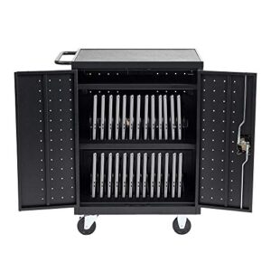 30 device mobile charging and storage cart for ipads, chromebooks and laptop computers, up to 13-inch screen size, surge protection, front & back access locking cabinet