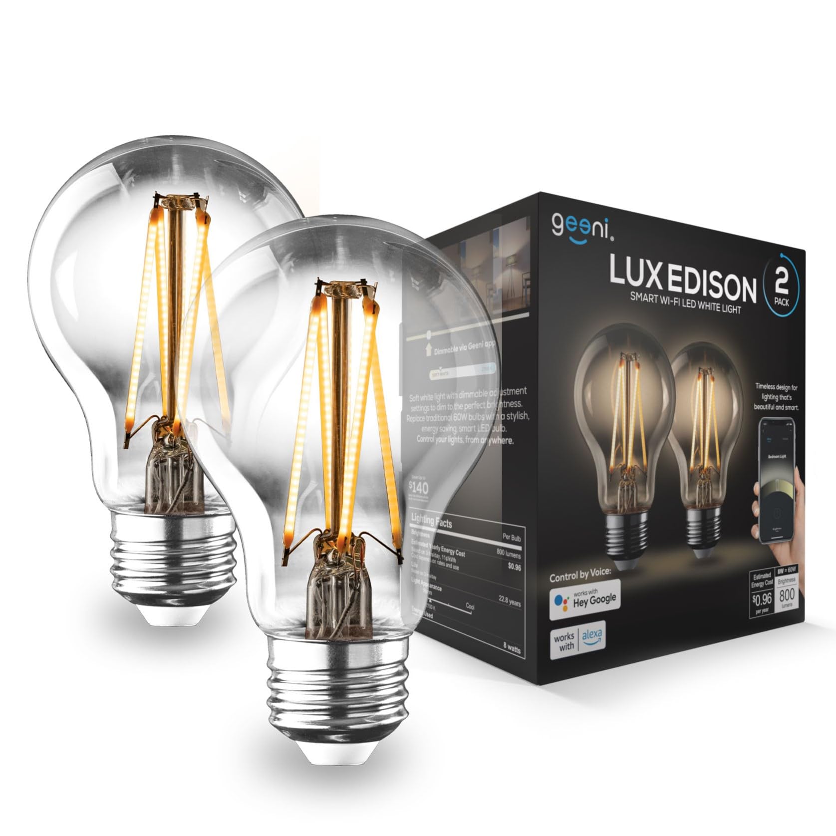 Geeni LUX Edison WiFi LED Edison Smart Light Bulb, Soft White (2700K), 2-Pack – Dimmable LED Bulbs, A19, 60-Watt Equivalent, No Hub Required, Works with Amazon Alexa, Google Home